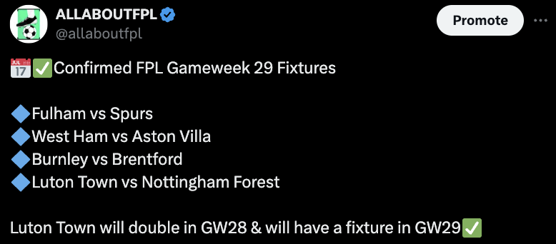 FPL Gameweek 29 Fixtures 